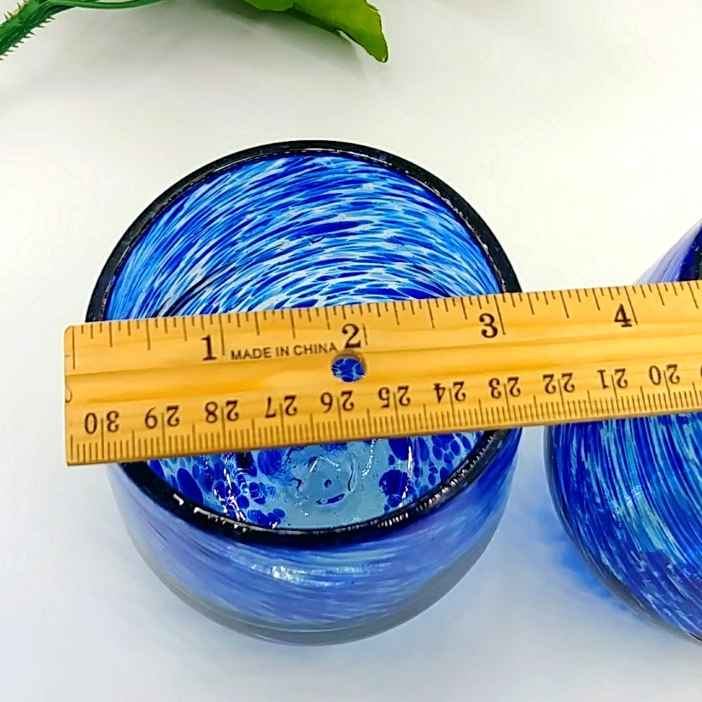 🫐HP! 2 Cocktail Glasses With Blue Swirled Dots, Hand Blown - Picture 4 of 6